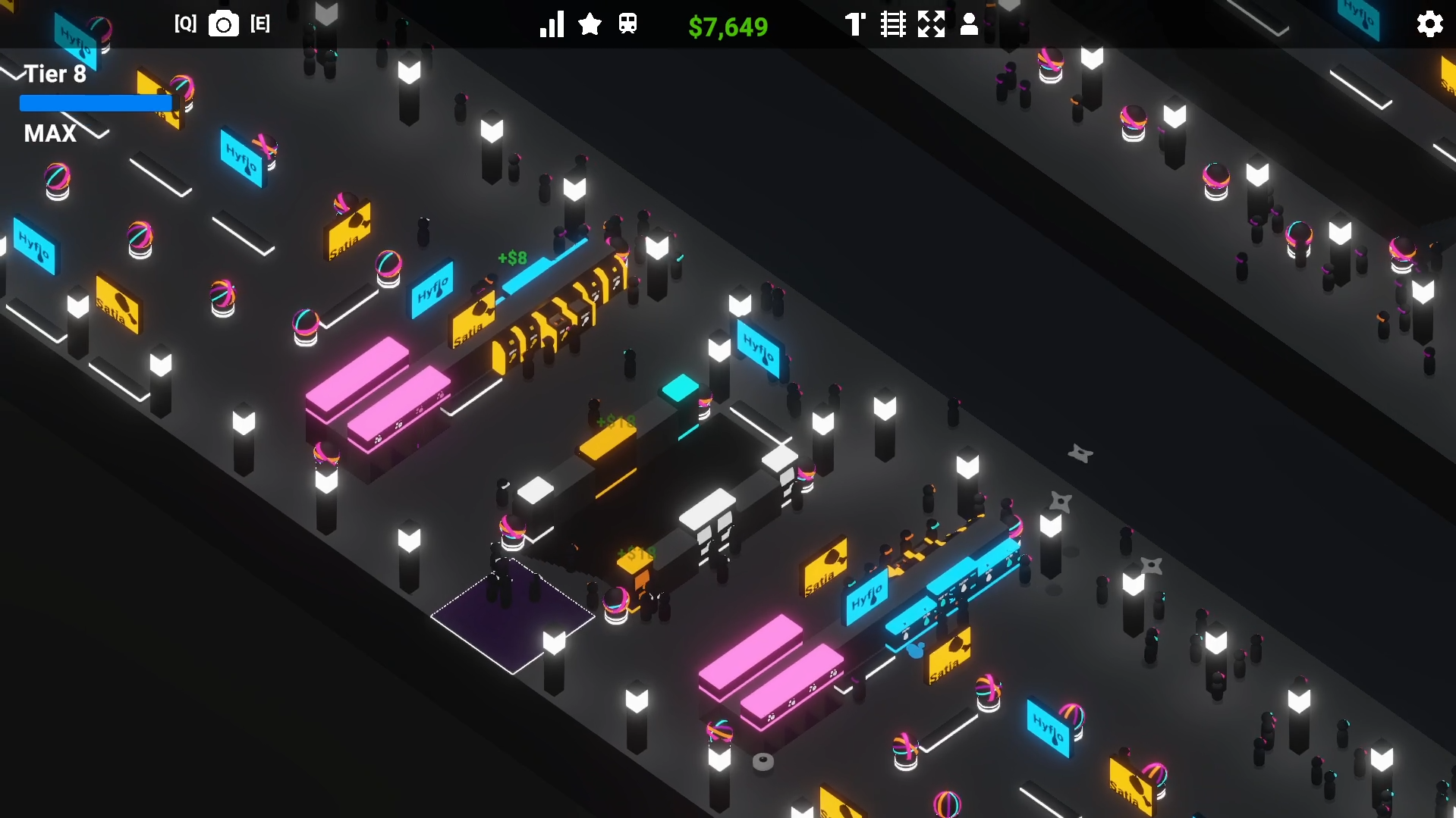 Neon station floor with passengers moving between service points